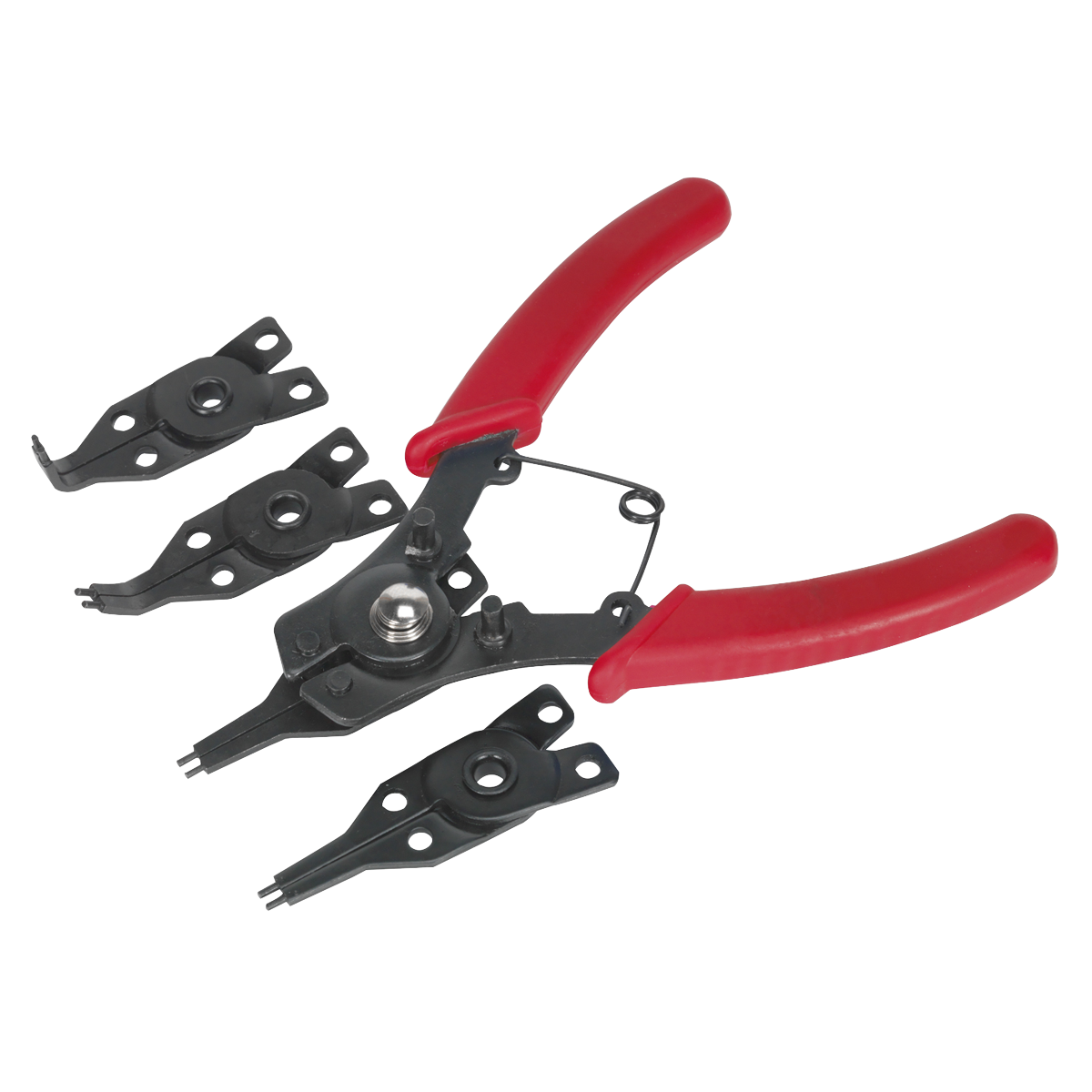 A set of Sealey Circlip Pliers, product S0457, featuring red handles and equipped with four interchangeable steel jaws.