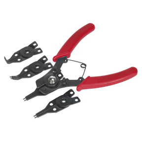 A set of Sealey Circlip Pliers, product S0457, featuring red handles and equipped with four interchangeable steel jaws.