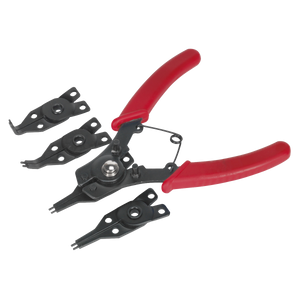 A set of Sealey Circlip Pliers, product S0457, featuring red handles and equipped with four interchangeable steel jaws.