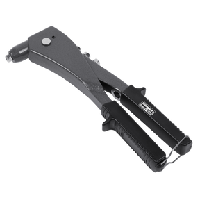 The Sealey Riveter Hand - S0469 is a handheld rivet gun that features heavy-duty jaws, a lever, and a spring-loaded handle, all with a sleek black and metallic finish.