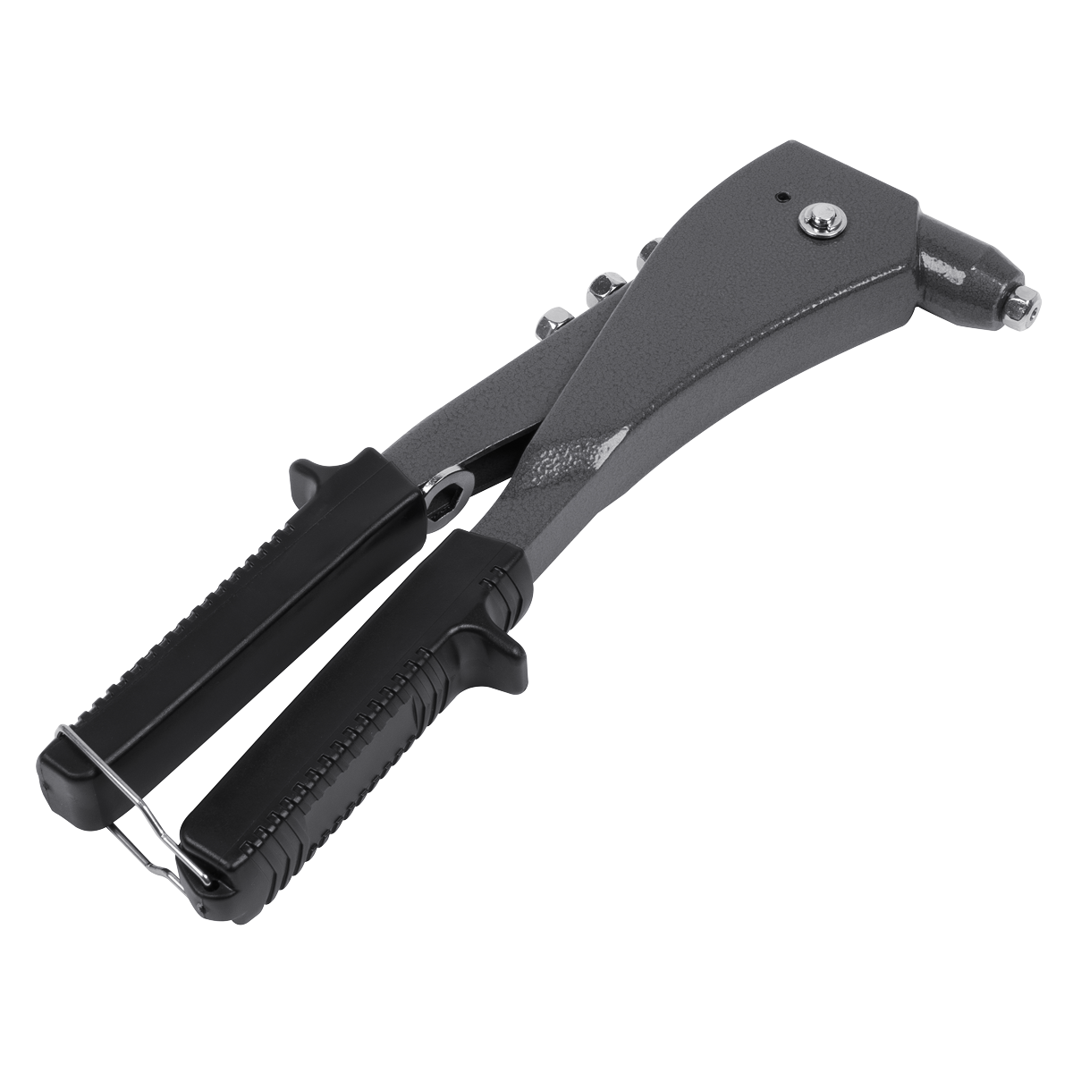 Introducing the Sealey Riveter Hand - S0469, featuring black handles and an aluminium body. This handheld rivet gun is designed for fastening materials with its heavy-duty jaws and rivet nozzles.