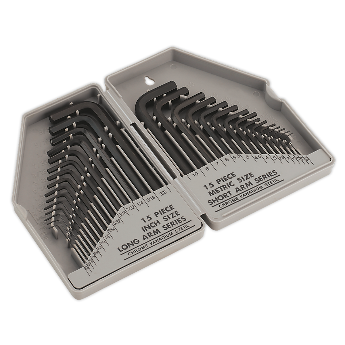 The Sealey Hex Key Set S0484 includes 30 pieces featuring long and short arm keys, both in metric and imperial sizes, crafted from durable chrome vanadium steel. The set comes in a grey plastic case.