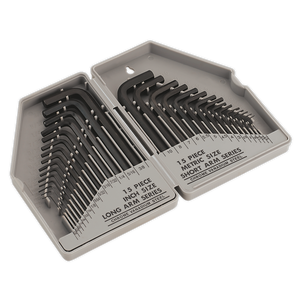 The Sealey Hex Key Set S0484 includes 30 pieces featuring long and short arm keys, both in metric and imperial sizes, crafted from durable chrome vanadium steel. The set comes in a grey plastic case.