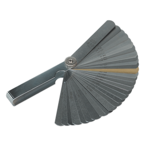 The Sealey Feeler Gauge 32 Blade - Dual Marked - S0514 features multiple thin blades fanned out, perfect for measuring gap widths and clearances with precision. Backed by a lifetime guarantee, this essential tool ensures accurate measurements every time for any precision work.