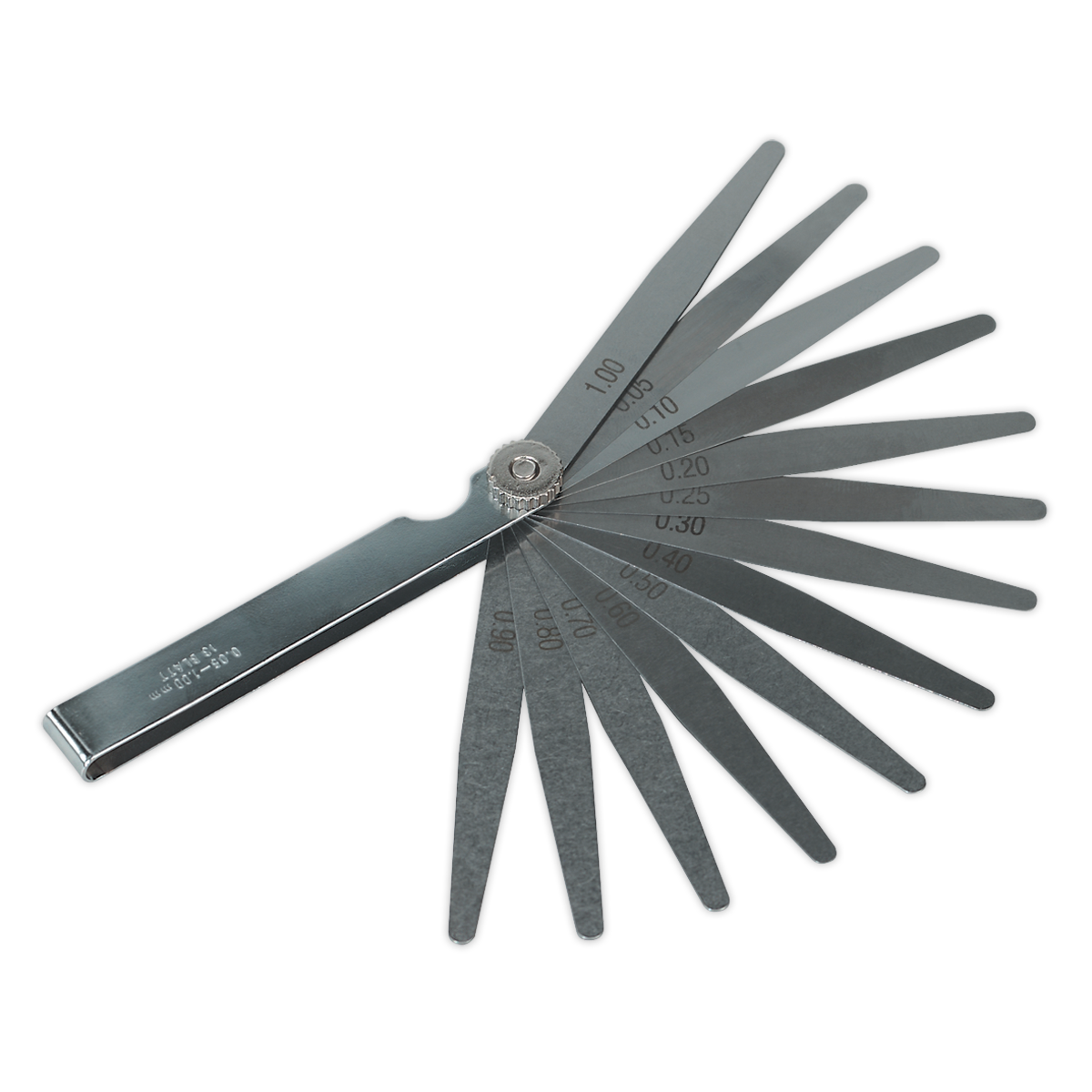 The Sealey Feeler Gauge 13 Blade - Metric - S0517 features multiple metal blades of varying thicknesses for measuring gaps and comes with a lifetime guarantee.