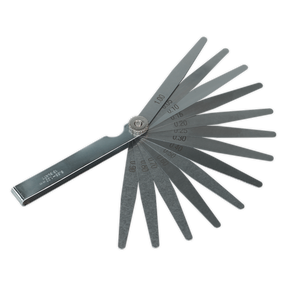 The Sealey Feeler Gauge 13 Blade - Metric - S0517 features multiple metal blades of varying thicknesses for measuring gaps and comes with a lifetime guarantee.