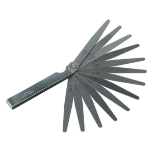 The Sealey Feeler Gauge 13 Blade - Metric - S0517 features multiple metal blades of varying thicknesses for measuring gaps and comes with a lifetime guarantee.