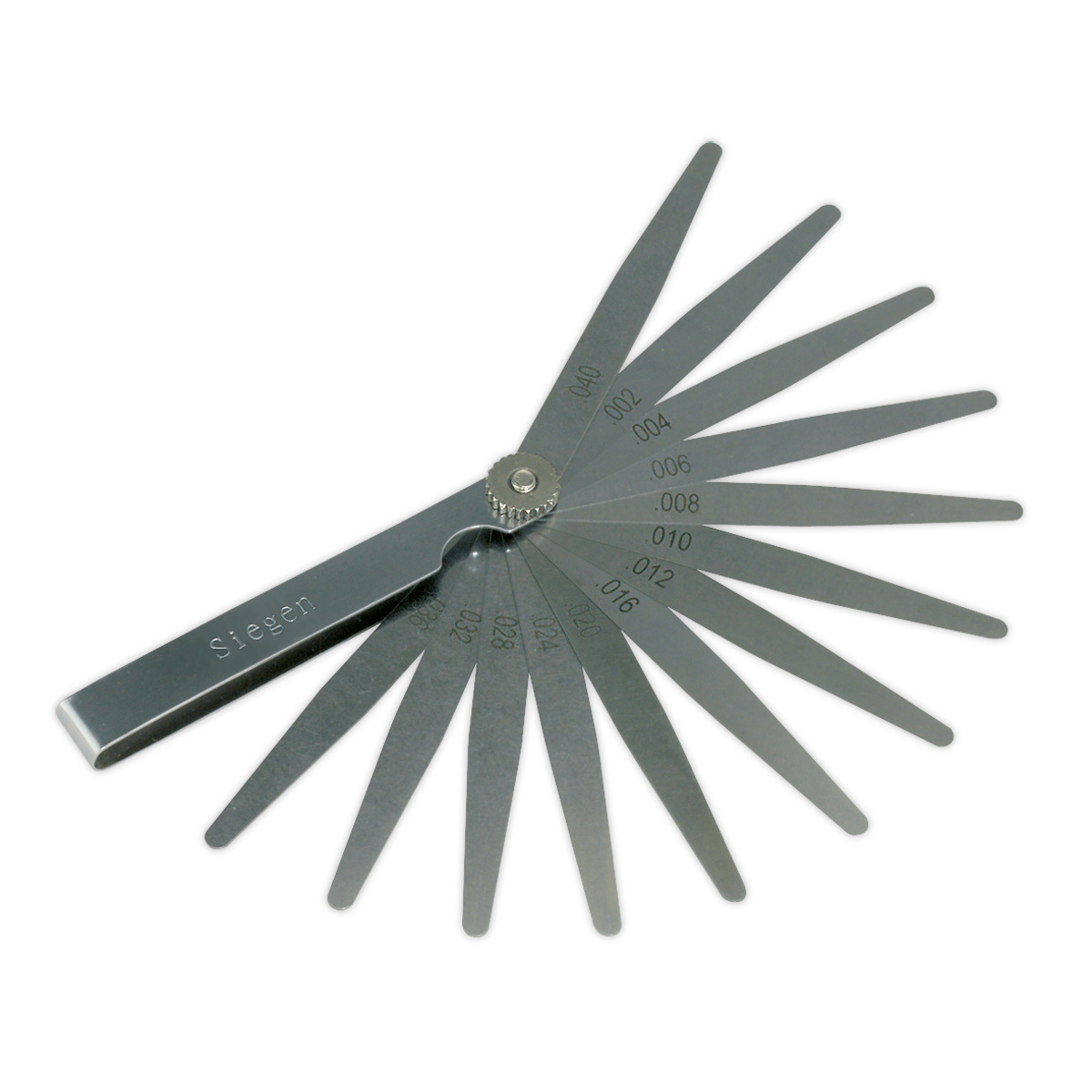 The Sealey Feeler Gauge 13 Blade - Imperial - S0518 is a fan-shaped tool with individual metal blades of varying thicknesses, commonly used for measuring gap widths.