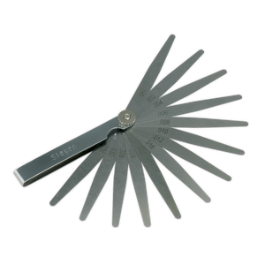 The Sealey Feeler Gauge 13 Blade - Imperial - S0518 is a fan-shaped tool with individual metal blades of varying thicknesses, commonly used for measuring gap widths.