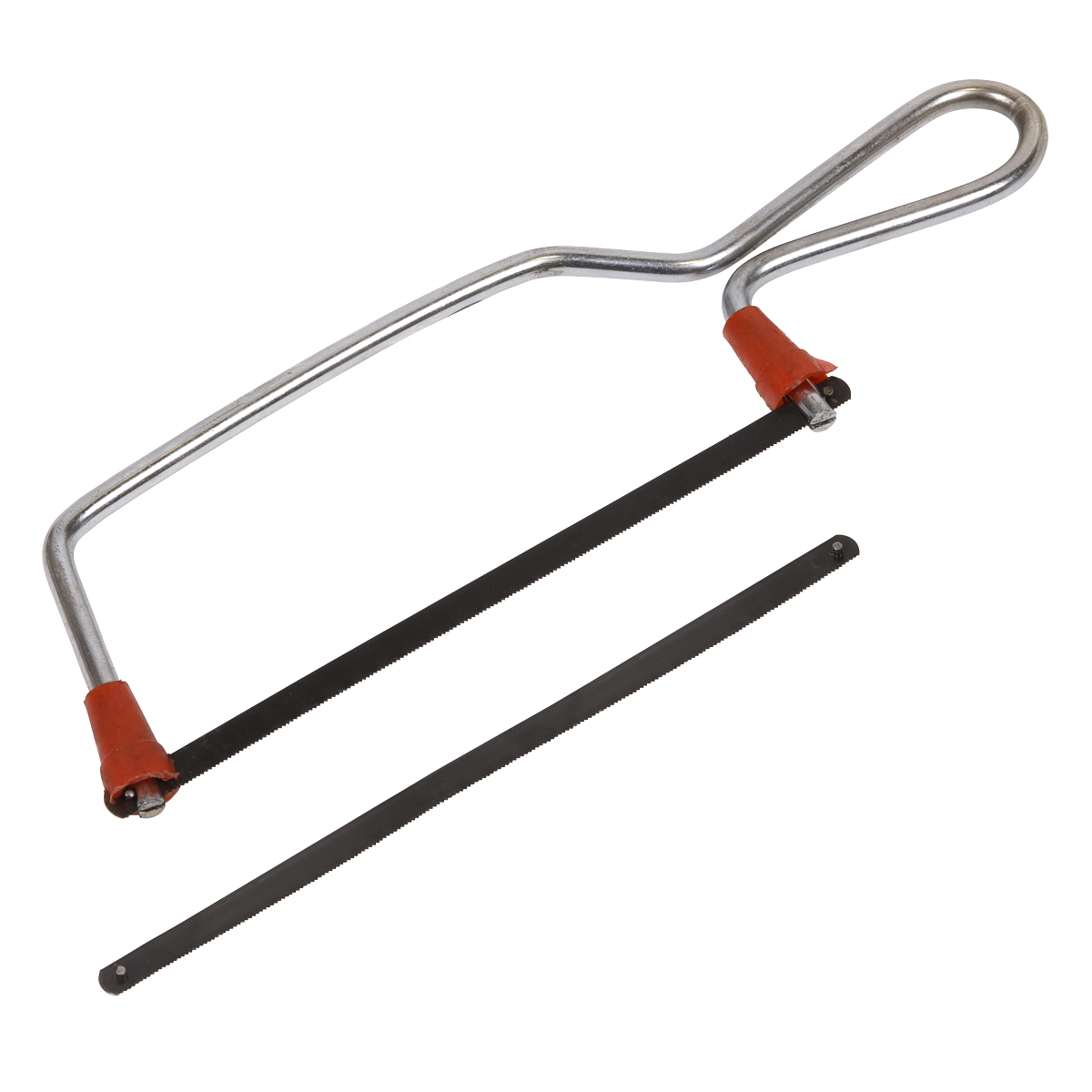 A Junior Hacksaw 150mm with Spare Blade - S0527 by Sealey, featuring a red handle and durable steel construction, is shown with its blade detached and positioned below the frame.