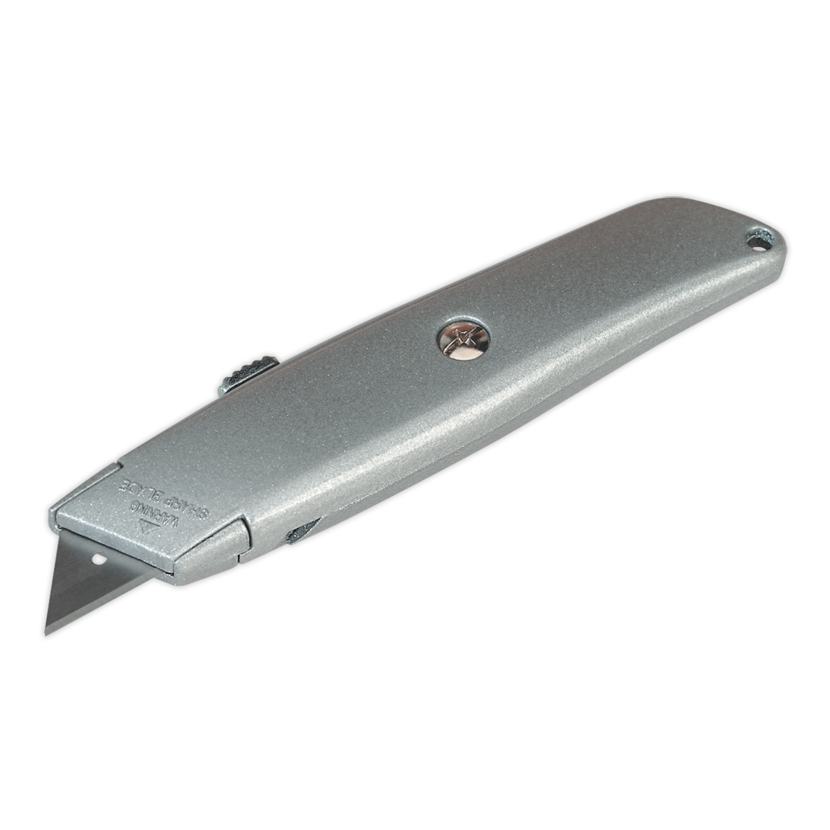 The Sealey Retractable Utility Knife - S0529 features a silver die-cast handle with a central screw for easy blade replacement, along with a retractable, reversible blade and a convenient thumb slider mechanism.