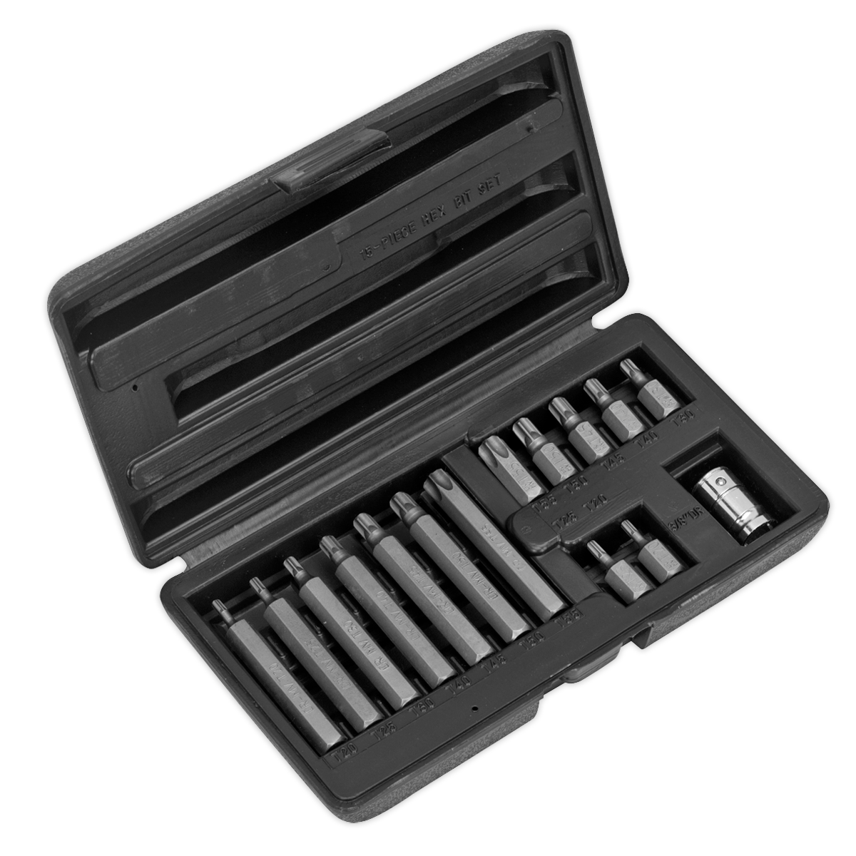 The Sealey TRX-Star* Bit & Holder Set 15pc - Metric - S0532 includes various screwdriver bits such as flathead, Phillips, and Torx. All bits are made from durable Chrome Vanadium steel and are neatly organized in designated slots within a plastic case.