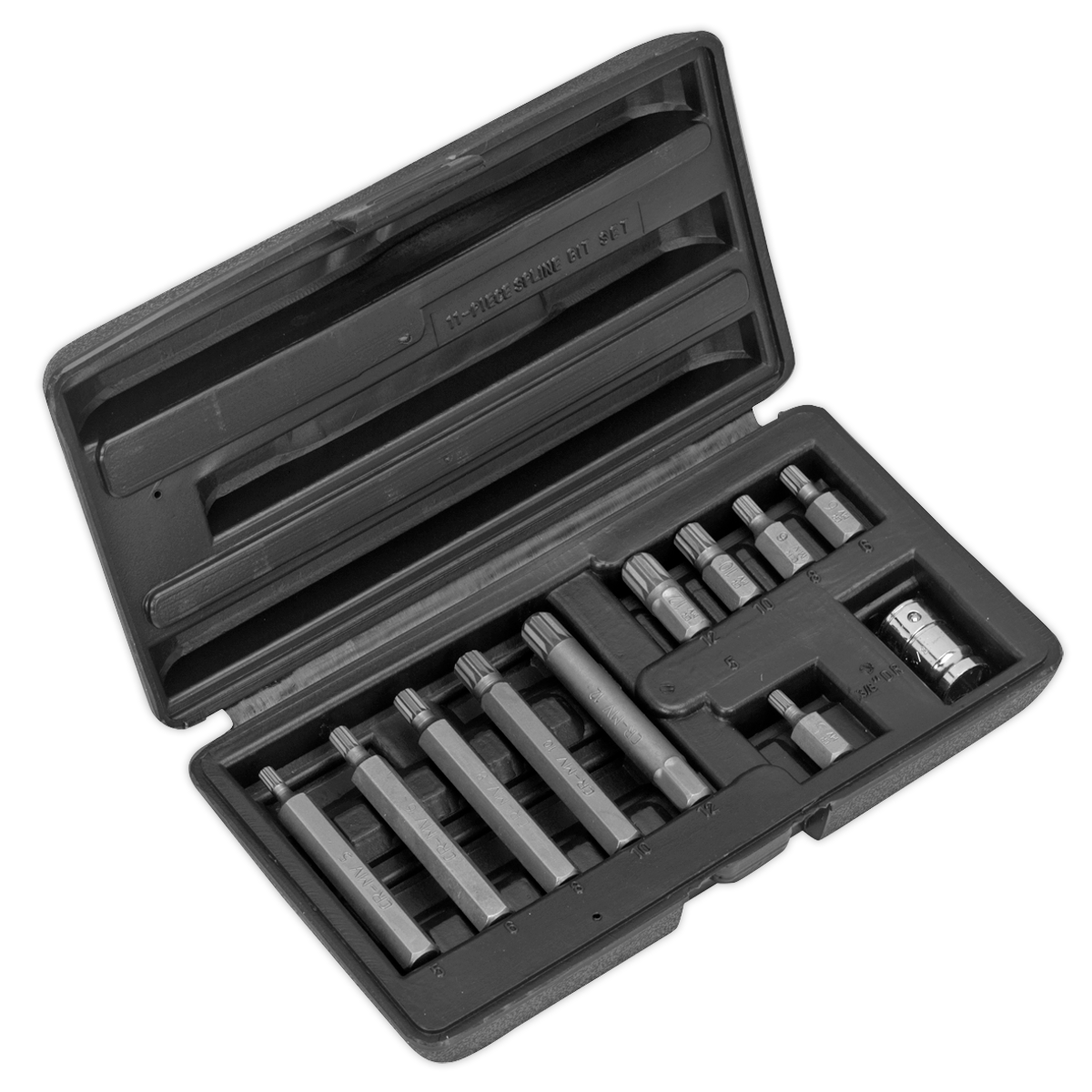 The Spline Bit & Holder Set 11pc - 3/8" Sq Drive (S0534) features a precision-crafted collection of screwdriver bits and tools made from durable Chrome Vanadium steel, neatly organized in designated slots within the case. Trust in the reliability of Sealey tools and enjoy a lifetime guarantee, ensuring you always have the right tool for the job.