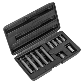 The Spline Bit & Holder Set 11pc - 3/8" Sq Drive (S0534) features a precision-crafted collection of screwdriver bits and tools made from durable Chrome Vanadium steel, neatly organized in designated slots within the case. Trust in the reliability of Sealey tools and enjoy a lifetime guarantee, ensuring you always have the right tool for the job.