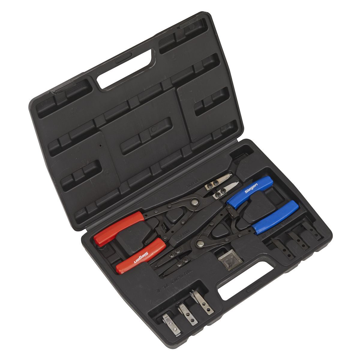 A Sealey Circlip Pliers Set Internal/External 265mm - S0553, featuring a black plastic toolbox filled with crimping tools with red and blue handles, various interchangeable dies, internal and external circlip pliers, and other components.