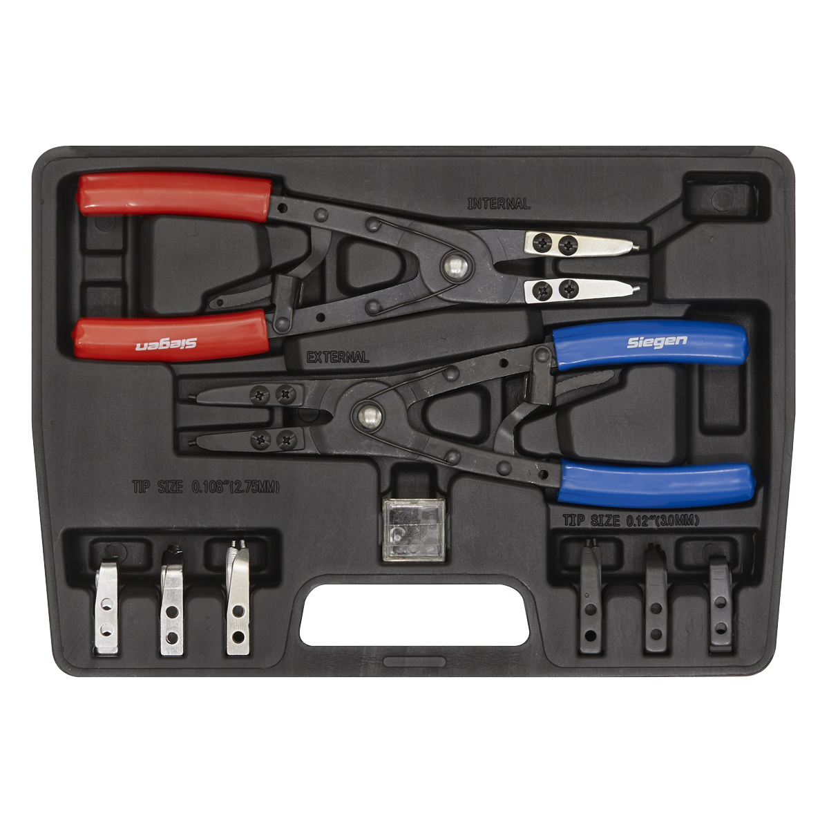 The Sealey Circlip Pliers Set Internal/External 265mm - S0553 comes with interchangeable tips and is housed in a black carrying case. The pliers, featuring red and blue handles, are ideal for both internal and external circlips. The case is marked with "Sigen" along with sizing details, and the set includes a lifetime guarantee for your peace of mind.