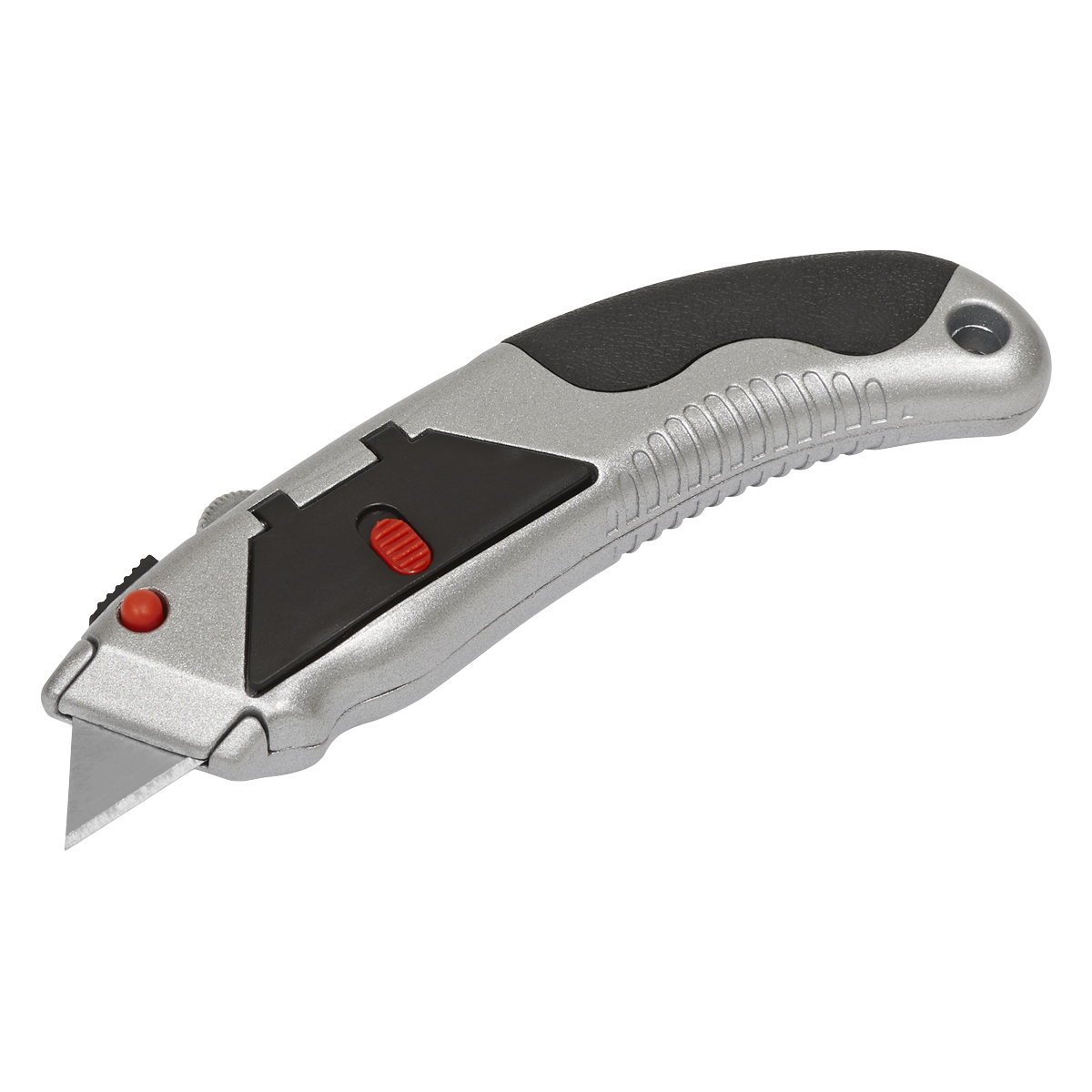 The Sealey Retractable Utility Knife Auto-Load - S0555 features a sleek silver design with a black grip and a red slider button, equipped with an auto-loading mechanism for swift blade changes.