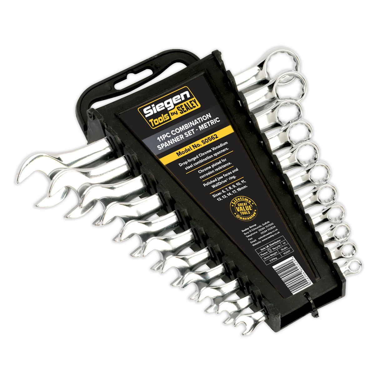 The Sealey Combination Spanner Set 11pc Metric - S0562 features 11 spanners in various sizes, expertly forged from Chrome Vanadium steel for enhanced corrosion resistance, and is organized in a black plastic holder with a label detailing specifications.