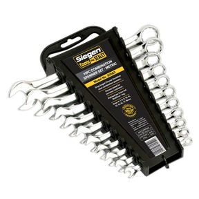 The Sealey Combination Spanner Set 11pc Metric - S0562 features 11 spanners in various sizes, expertly forged from Chrome Vanadium steel for enhanced corrosion resistance, and is organized in a black plastic holder with a label detailing specifications.