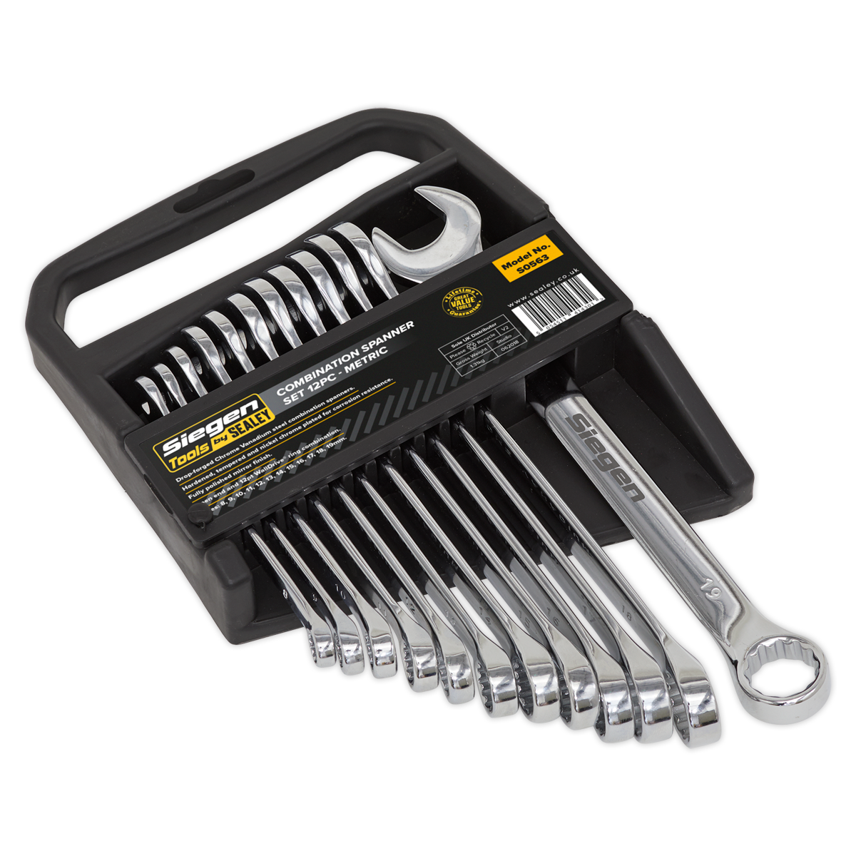 The Sealey Combination Spanner Set 12pc Metric - S0563, featuring various sizes arranged in a black plastic holder, comes labeled as high-quality tools made from Chrome Vanadium steel, ensuring excellent corrosion resistance.