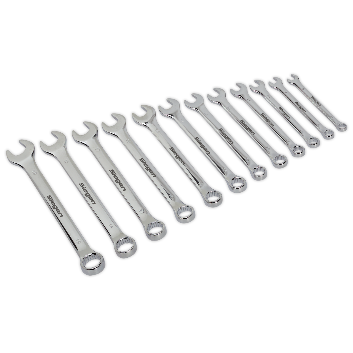 Introducing the Sealey Combination Spanner Set 12pc Metric - S0563: This meticulously arranged set of twelve wrenches, in ascending order of size, features both open and boxed ends. Crafted from Chrome Vanadium steel for outstanding corrosion resistance, each spanner proudly bears the "Sealey" brand on its handle.