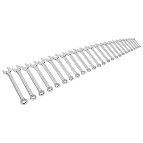 The Sealey Combination Spanner Set 25pc Metric - S0564 features Chrome Vanadium steel spanners arranged in ascending sizes, each designed to offer superior corrosion resistance.