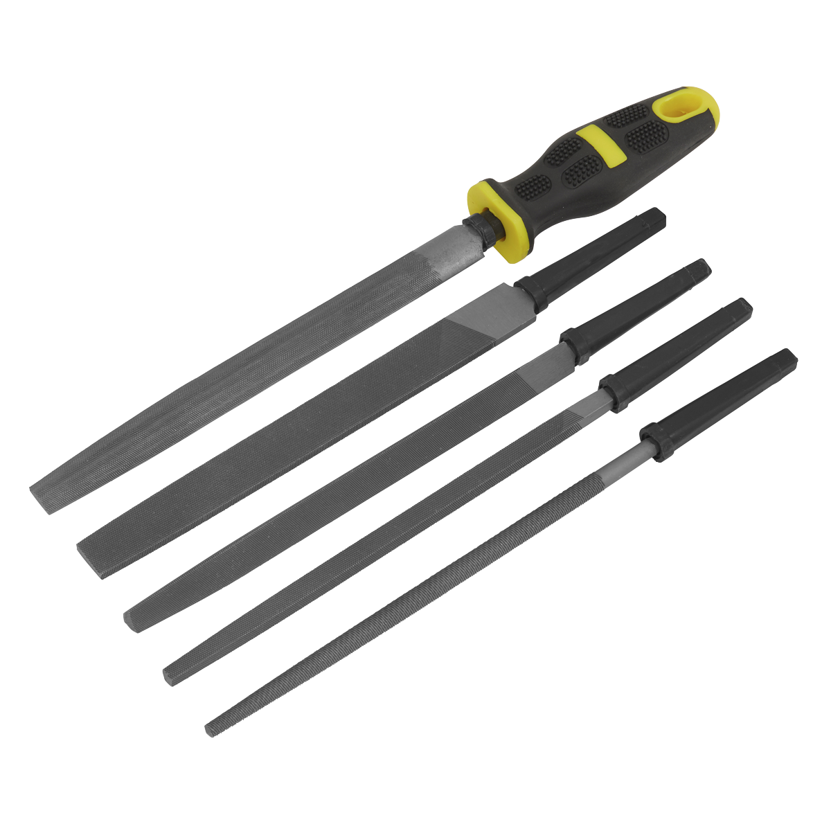 The Sealey Interchangeable File Set 5pc 200mm - S0573 includes five metal files with a yellow and black interchangeable handle. These second cut coarse files come in various sizes and shapes, making them ideal for smoothing rough edges on metal or other hard materials.