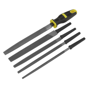 The Sealey Interchangeable File Set 5pc 200mm - S0573 includes five metal files with a yellow and black interchangeable handle. These second cut coarse files come in various sizes and shapes, making them ideal for smoothing rough edges on metal or other hard materials.