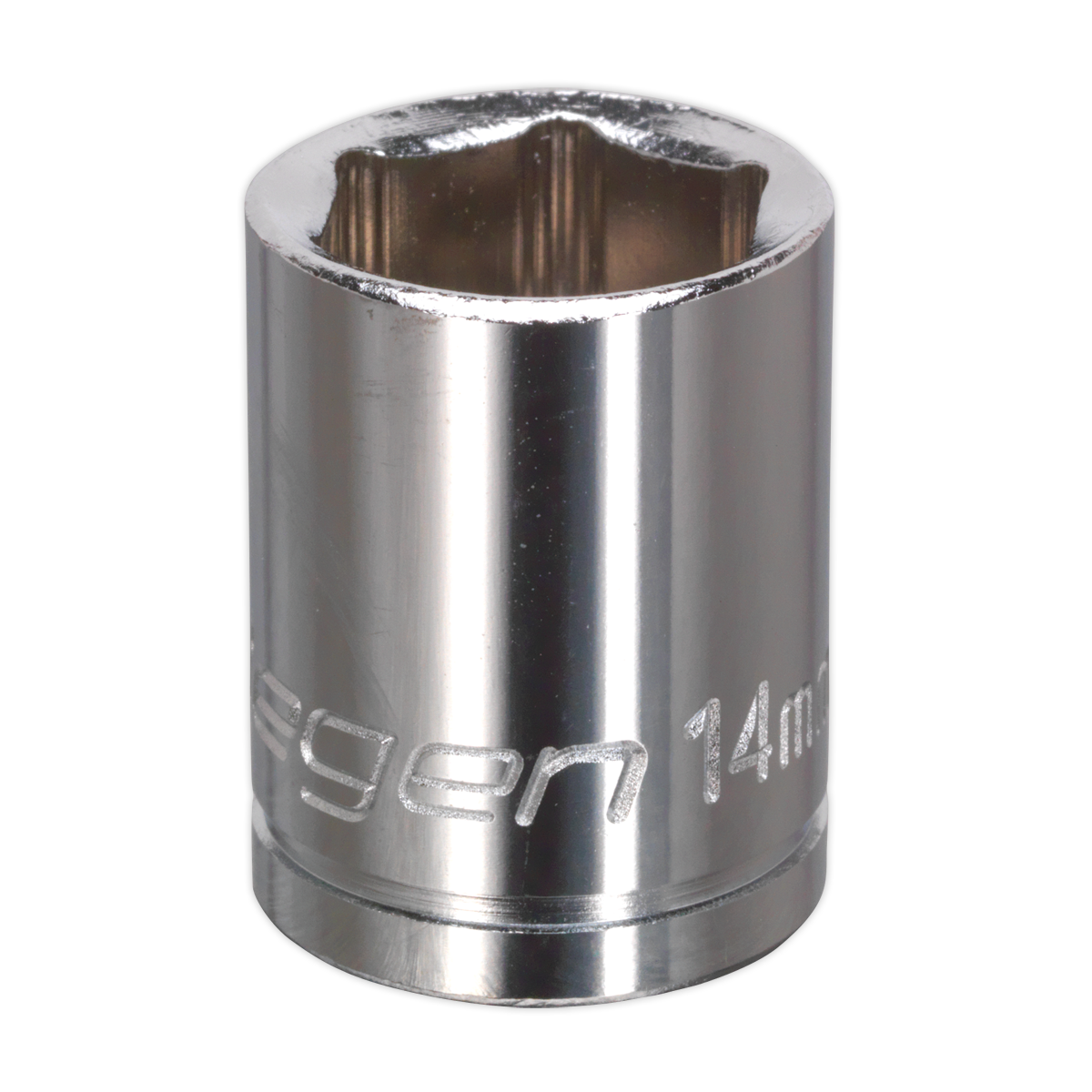 A close-up image of a shiny, metallic WallDrive® Socket 14mm 3/8" Sq Drive (S0581) from Sealey, exemplifying quality tools.