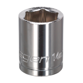 A close-up image of a shiny, metallic WallDrive® Socket 14mm 3/8" Sq Drive (S0581) from Sealey, exemplifying quality tools.