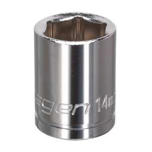 A close-up image of a shiny, metallic WallDrive® Socket 14mm 3/8" Sq Drive (S0581) from Sealey, exemplifying quality tools.