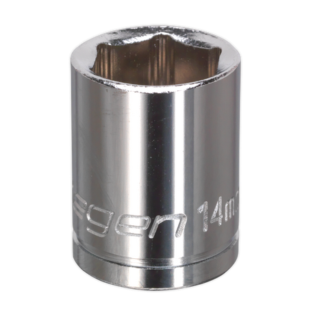 A close-up image of a shiny, metallic WallDrive® Socket 14mm 3/8" Sq Drive (S0581) from Sealey, exemplifying quality tools.