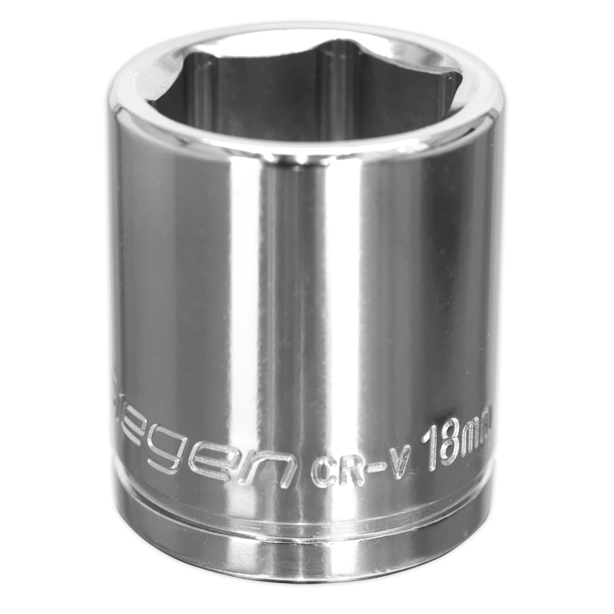 A Sealey WallDrive® Socket 18mm 3/8"Sq Drive (S0585) crafted from shiny steel, featuring engraved text and the innovative WallDrive® socket configuration.