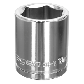 A Sealey WallDrive® Socket 18mm 3/8"Sq Drive (S0585) crafted from shiny steel, featuring engraved text and the innovative WallDrive® socket configuration.