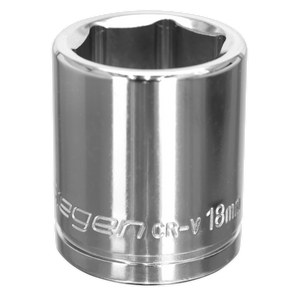 A Sealey WallDrive® Socket 18mm 3/8"Sq Drive (S0585) crafted from shiny steel, featuring engraved text and the innovative WallDrive® socket configuration.