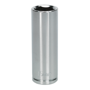 A WallDrive® Socket 15mm Deep 3/8" Sq Drive - S0593 from Sealey stands upright against a plain background. This high-grade carbon steel socket exemplifies durability and precision.