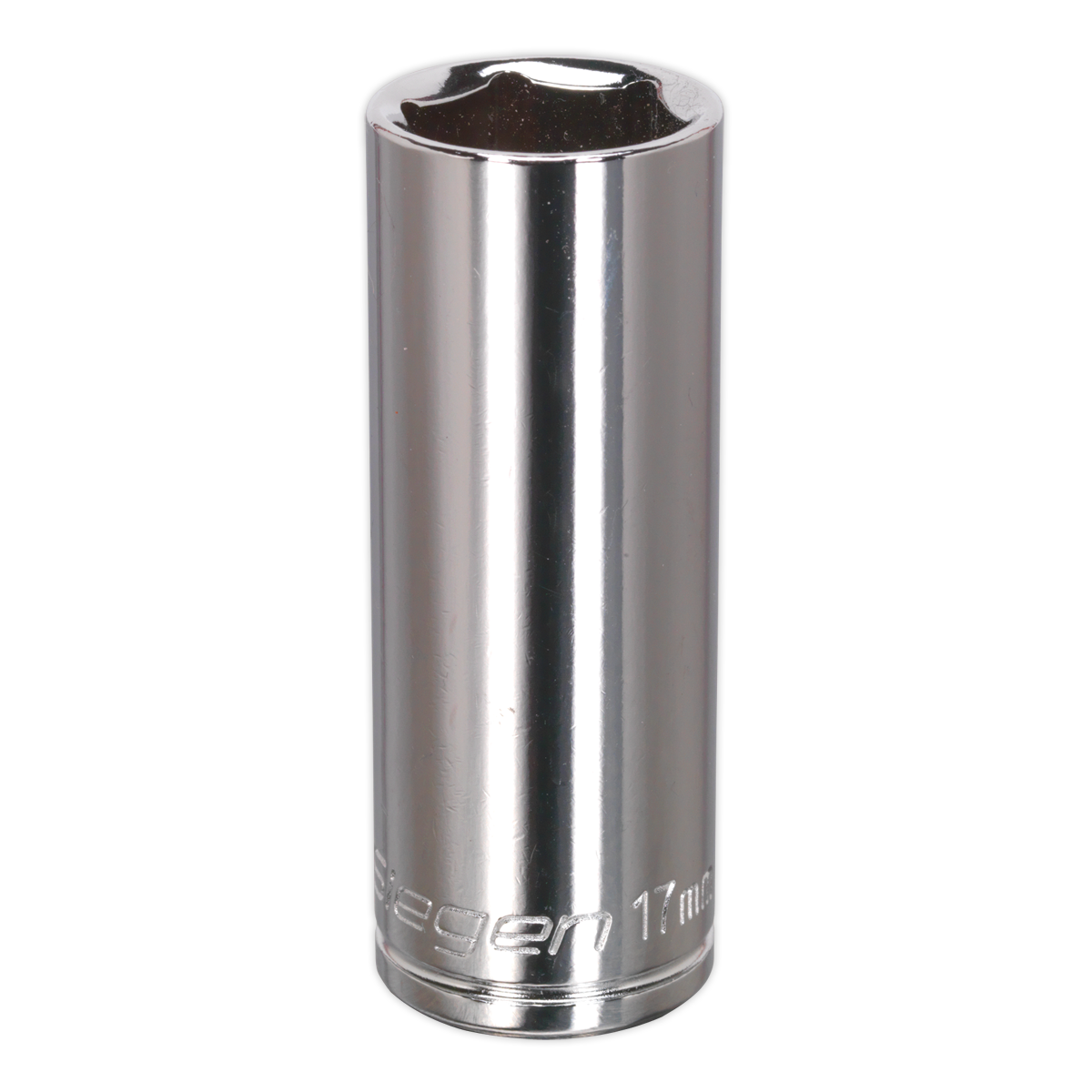 Introducing the Sealey WallDrive® Socket 17mm Deep 3/8"Sq Drive - S0595, a high-grade carbon steel socket featuring a shiny, metallic finish and six-point opening. Ideal for use with a ratchet to tighten or loosen nuts and bolts, this durable tool is part of the renowned Siegen by Sealey range.