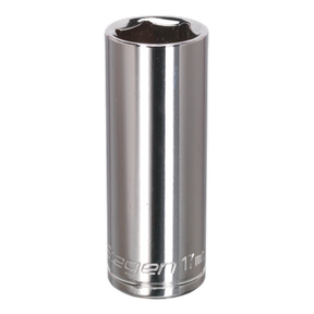 Introducing the Sealey WallDrive® Socket 17mm Deep 3/8"Sq Drive - S0595, a high-grade carbon steel socket featuring a shiny, metallic finish and six-point opening. Ideal for use with a ratchet to tighten or loosen nuts and bolts, this durable tool is part of the renowned Siegen by Sealey range.