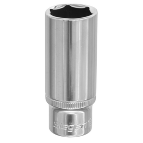 A close-up view of a shiny, Chrome Vanadium steel WallDrive® Socket 19mm Deep 3/8"Sq Drive - S0597 with a knurled grip and the word "Sealey" engraved at the base.