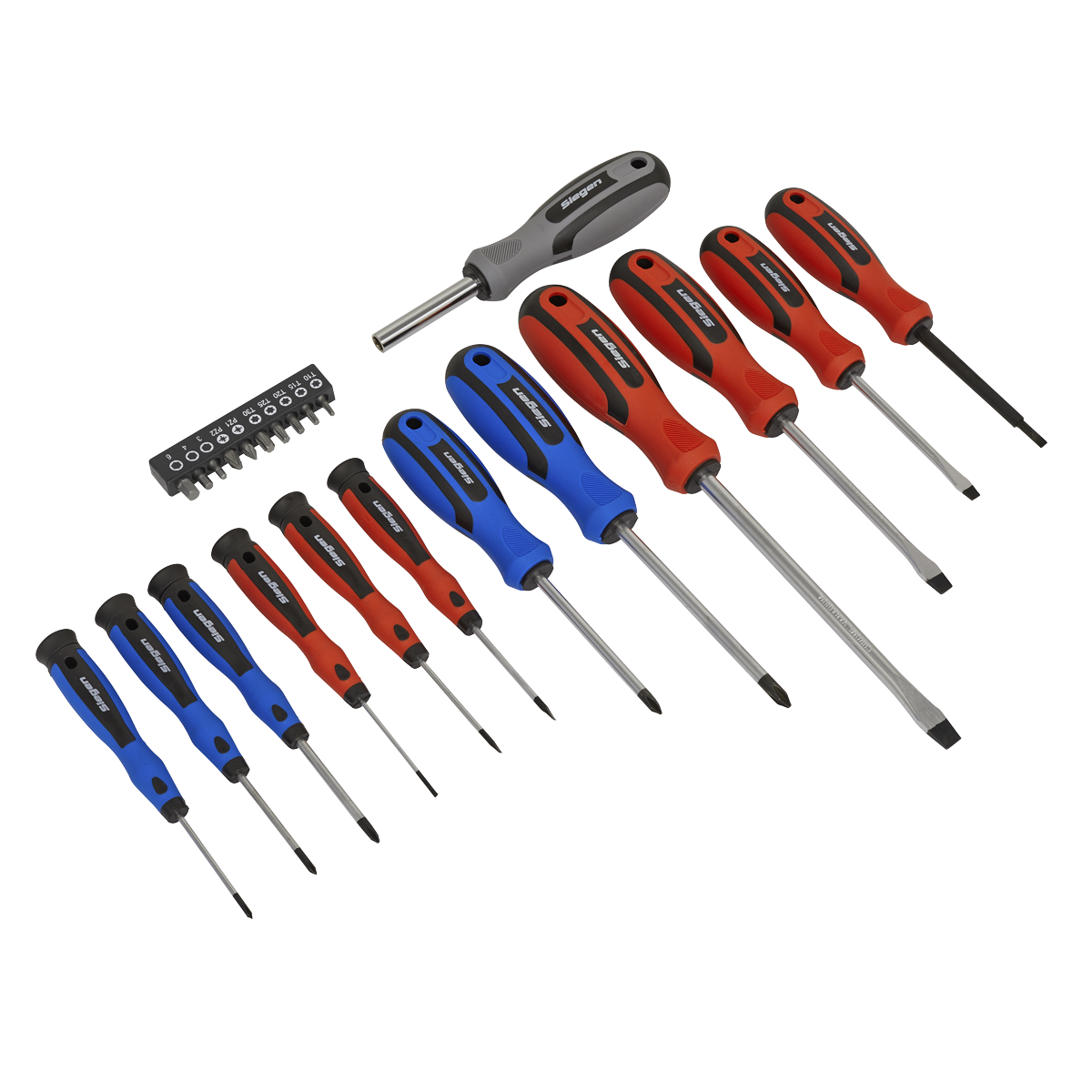 The Sealey Soft Grip Screwdriver & Bit Set 23pc - S0598 includes an assortment of screwdrivers and bits with various tip types and sizes, all featuring soft grip handles designed for comfort and durability. Made from Chrome Vanadium steel, these tools come with interchangeable bits and color-coded handles in red, blue, and grey.