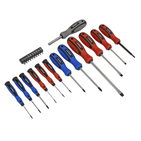 The Sealey Soft Grip Screwdriver & Bit Set 23pc - S0598 includes an assortment of screwdrivers and bits with various tip types and sizes, all featuring soft grip handles designed for comfort and durability. Made from Chrome Vanadium steel, these tools come with interchangeable bits and color-coded handles in red, blue, and grey.