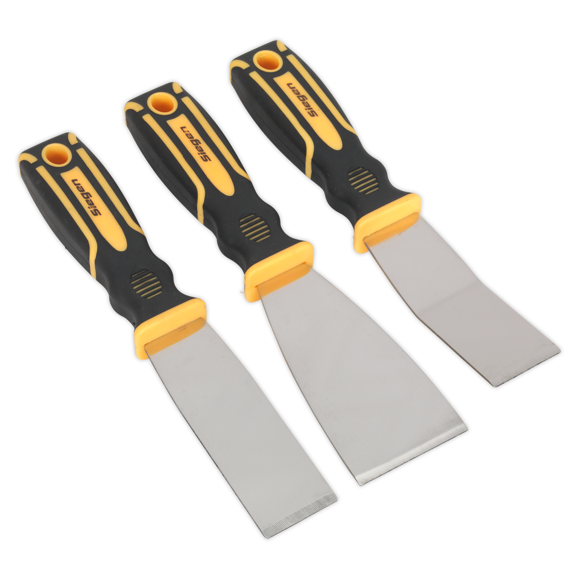 The Sealey Rigid Blade Scraper Set 3pc - S0600 includes three black and yellow putty knives with ultra-stiff scraper blades of varying widths, each featuring a hole in the handle for hanging. Ideal as windscreen preparation tools or gasket scraping tools.