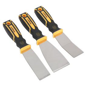 The Sealey Rigid Blade Scraper Set 3pc - S0600 includes three black and yellow putty knives with ultra-stiff scraper blades of varying widths, each featuring a hole in the handle for hanging. Ideal as windscreen preparation tools or gasket scraping tools.