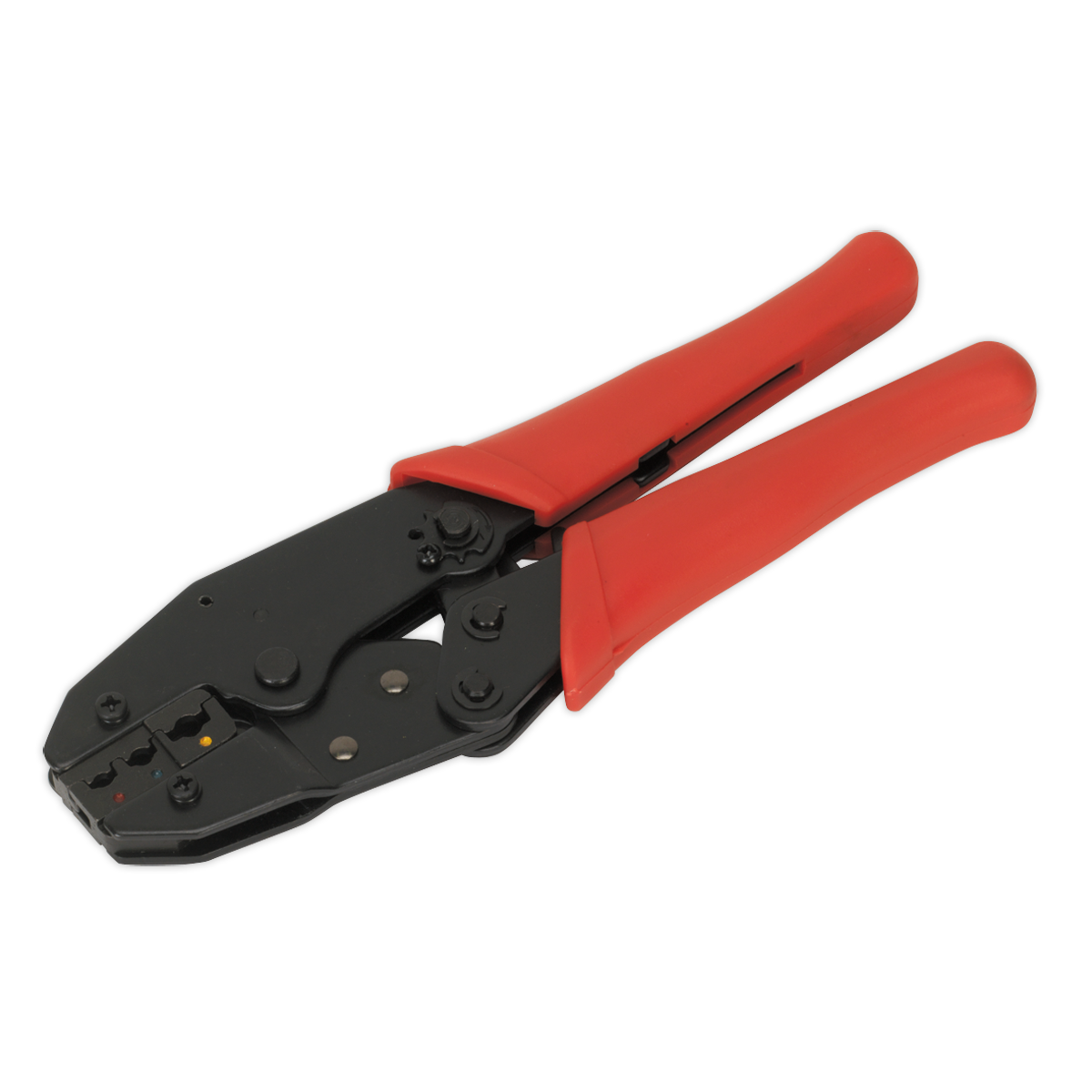 Introducing the Ratchet Crimping Tool Insulated Terminals - S0604 by Sealey, featuring robust steel construction and red handles, specifically designed for forming secure connections on electrical cables with terminal suitability.