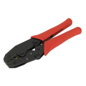 Introducing the Ratchet Crimping Tool Insulated Terminals - S0604 by Sealey, featuring robust steel construction and red handles, specifically designed for forming secure connections on electrical cables with terminal suitability.