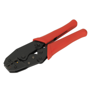 Introducing the Ratchet Crimping Tool Insulated Terminals - S0604 by Sealey, featuring robust steel construction and red handles, specifically designed for forming secure connections on electrical cables with terminal suitability.