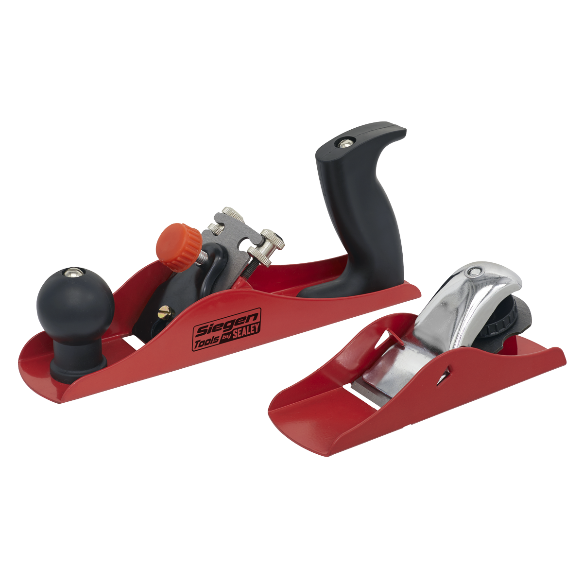 A pair of red and black hand planes from the "Sealey" brand, part of the Wood Planer Set 235mm & 163mm - S06092. The larger wood planer features a front knob and rear handle, while the smaller block plane has a simpler design.