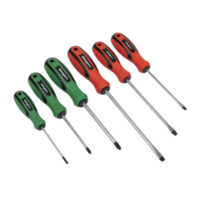 The Sealey Soft Grip Screwdriver Set 6pc - S0615 features a set of six screwdrivers, with three green-handled Phillips head screwdrivers and three red-handled flathead screwdrivers, all arranged in a row from smallest to largest. Each screwdriver comes with magnetized tips for added convenience.