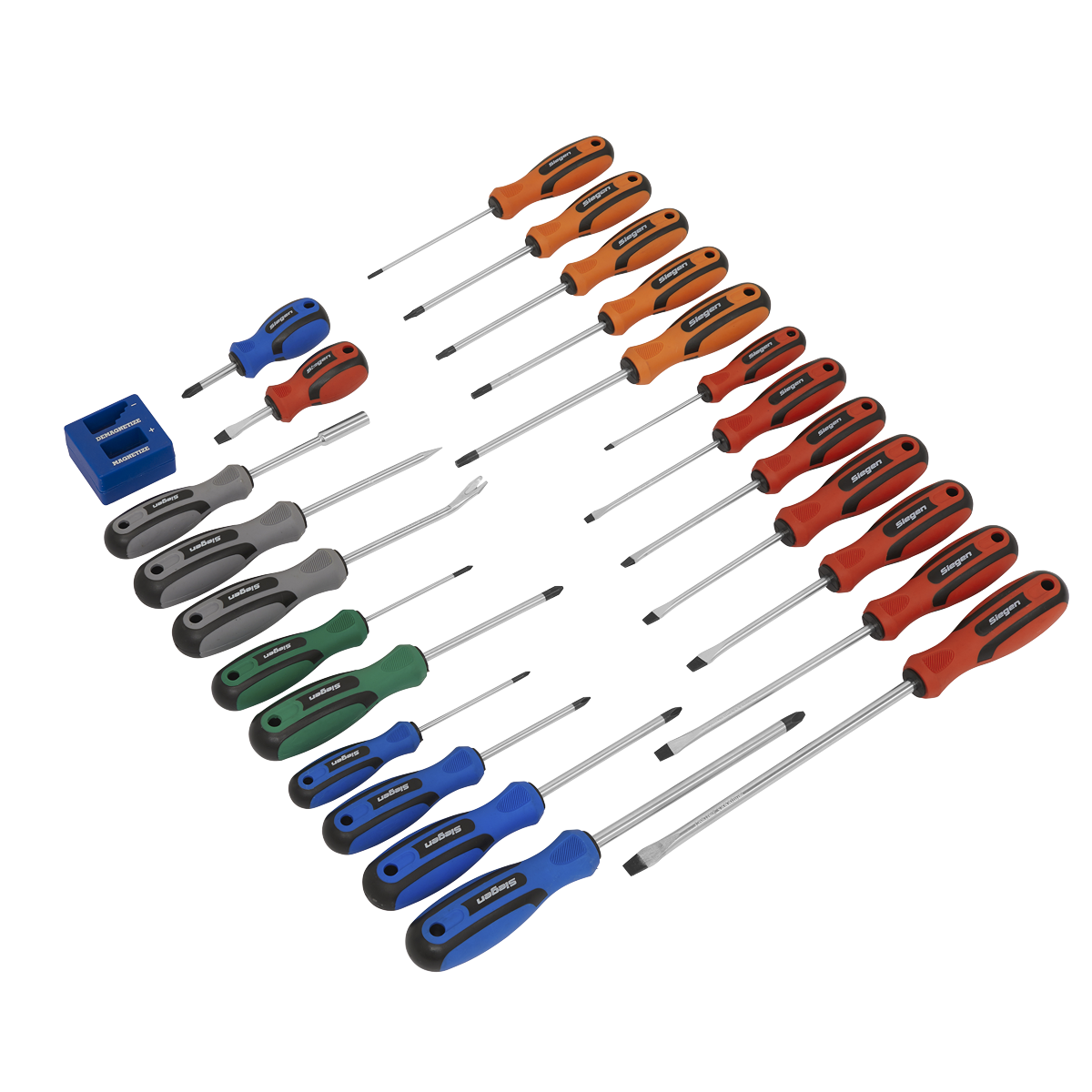 The Sealey Soft Grip Screwdriver Set 24pc - S0617 features high-quality screwdrivers in various sizes and colors, including slotted, Phillips, and Torx heads with durable Chrome Vanadium steel shafts, all neatly displayed alongside a blue storage organizer.