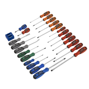 The Sealey Soft Grip Screwdriver Set 24pc - S0617 features high-quality screwdrivers in various sizes and colors, including slotted, Phillips, and Torx heads with durable Chrome Vanadium steel shafts, all neatly displayed alongside a blue storage organizer.